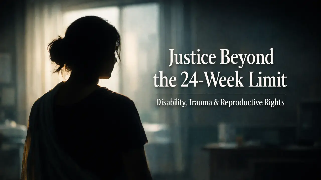 Silhouette of a young woman standing by a window in a softly lit hospital-like setting, with the headline “Justice Beyond the 24-Week Limit” displayed beside her.