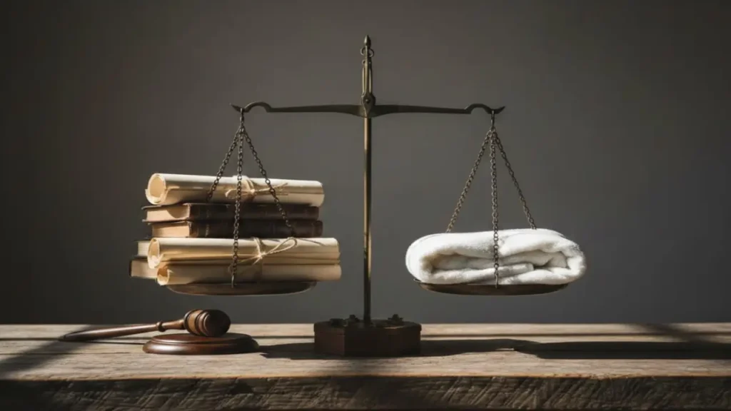 Balance scale on a wooden table with legal books and scrolls on one side and a folded white cloth on the other, a judge’s gavel in front, symbolizing justice and balance.
