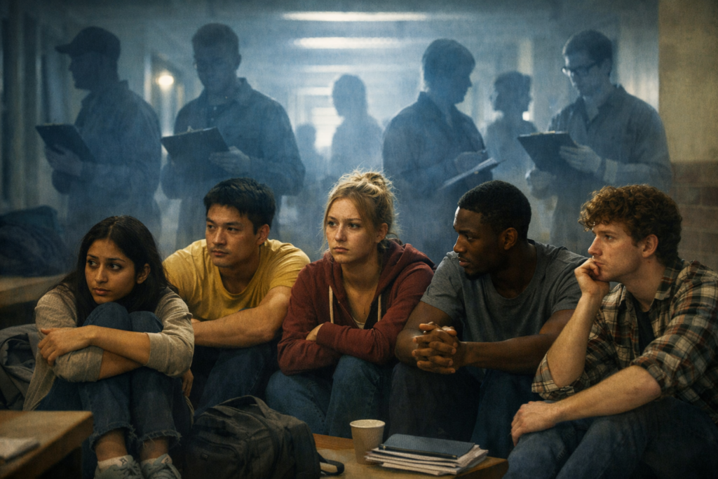 Students sit closely together on a university campus, their anxious expressions contrasted by faint, ghostly silhouettes of monitoring figures watching from the background.