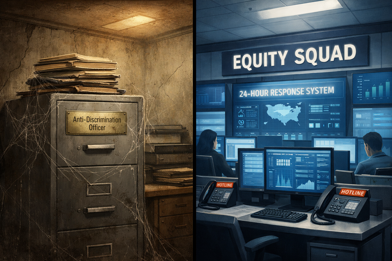 Split-screen illustration contrasting a neglected anti-discrimination office with a modern equity response unit using digital systems.