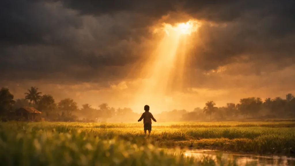 Single ray of golden sunlight breaking through dark storm clouds over a calm rural field, with a small child’s silhouette standing in lush green crops facing the light, symbolizing hope and new beginnings.
