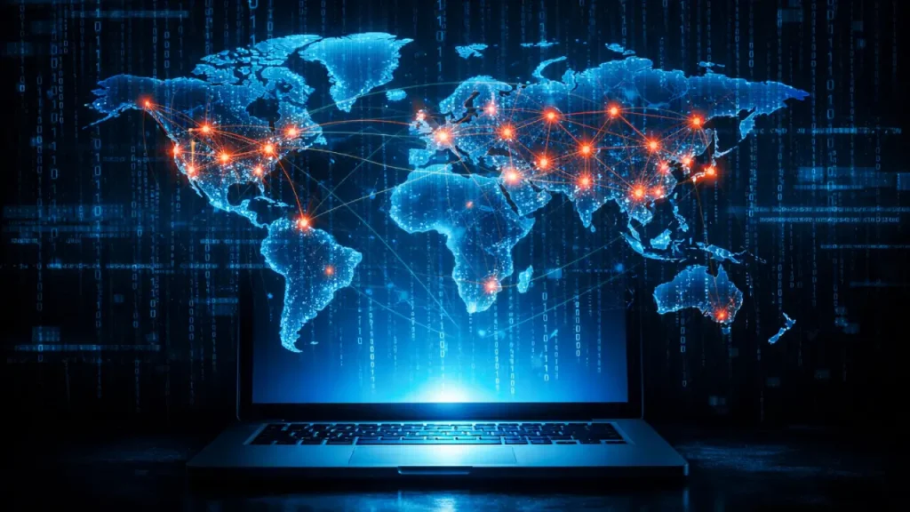 Glowing laptop in a dark room projecting a blue world map with red network nodes and cascading binary code, symbolizing global cyber threats and digital connectivity.
