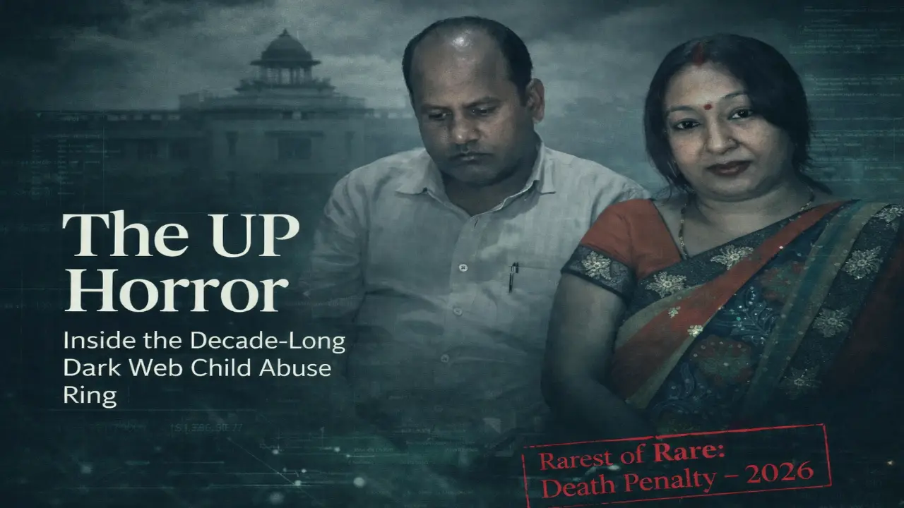 Middle-aged Indian couple shown in a dark, cinematic news graphic with courthouse silhouette and digital code overlay, headline reading “The UP Horror.”