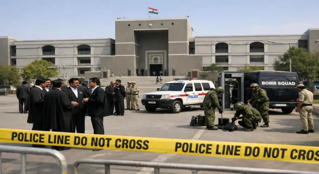 Wide-angle photo of an Indian district courthouse sealed with police tape as lawyers stand outside and bomb squad officers conduct security checks near police vehicles under clear midday light.
