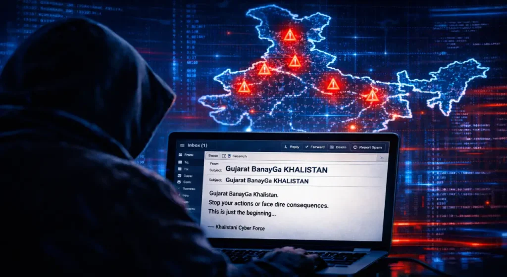 Dark cybercrime-themed illustration of a hooded hacker using a laptop displaying a threatening email, with a glowing digital map of India in the background marked by red alert symbols and flowing code overlays.
