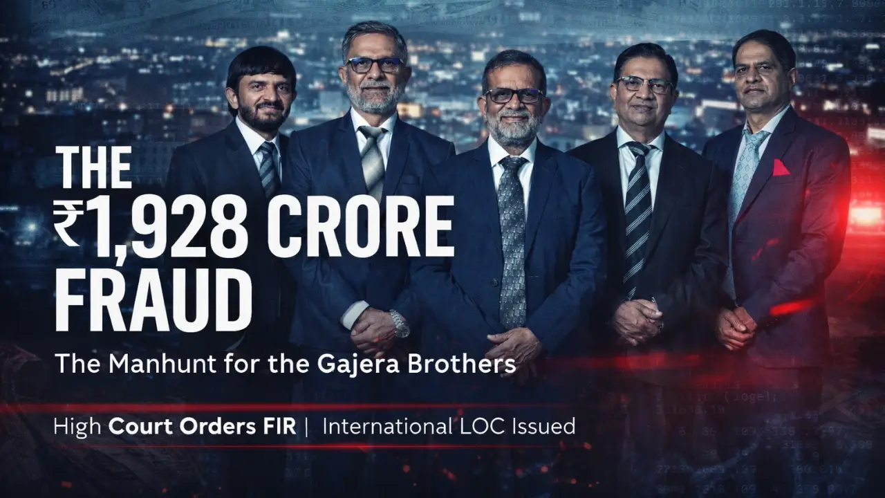Five suited businessmen stand against a blurred night city backdrop with financial graphics and the headline “₹1,928 Crore Fraud” in bold text.
