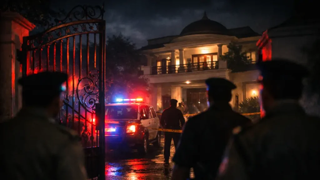 Police officers stand silhouetted outside a luxury bungalow at night, as flashing red and blue patrol lights illuminate the open iron gate and create a tense investigative atmosphere.
