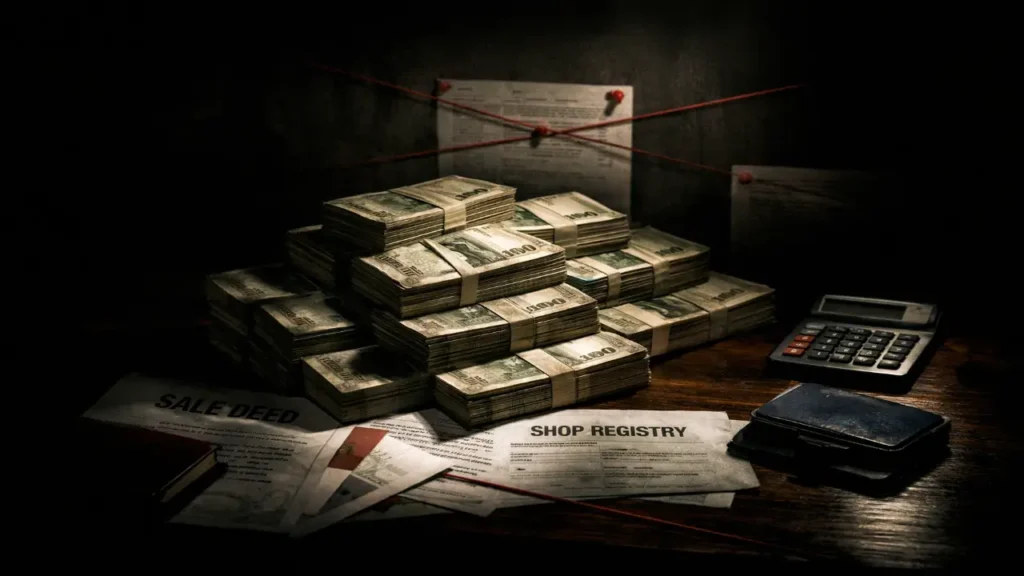 Stacks of Indian currency placed over sale deed and shop registry documents on a dark wooden table, with a calculator and red investigation strings in the background under dramatic low lighting, symbolizing hidden black money.
