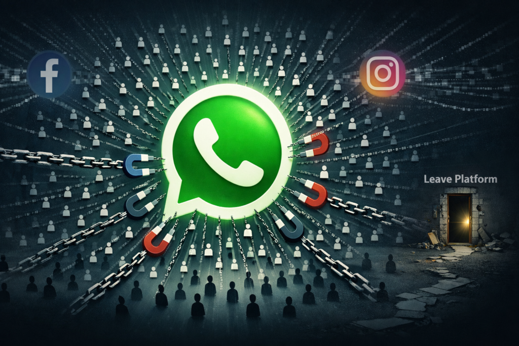 Infographic showing WhatsApp at the center pulling hundreds of connected users inward, with a distant “Leave Platform” exit and faint links to Facebook and Instagram, illustrating network effects and user lock-in.
