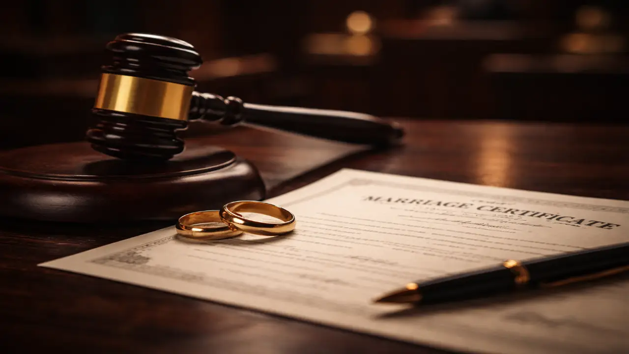 Judge’s gavel placed beside gold wedding rings and a marriage certificate on a courtroom table under dramatic lighting.
