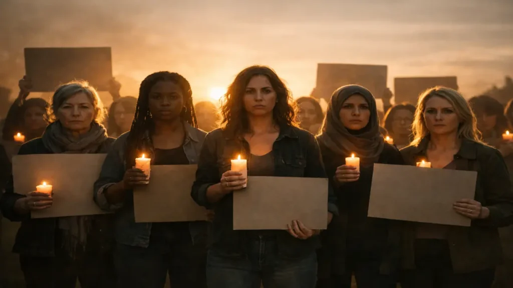 Group of women standing in silent protest at sunset, holding blank placards and lit candles, faces serious and illuminated by warm golden backlight.
