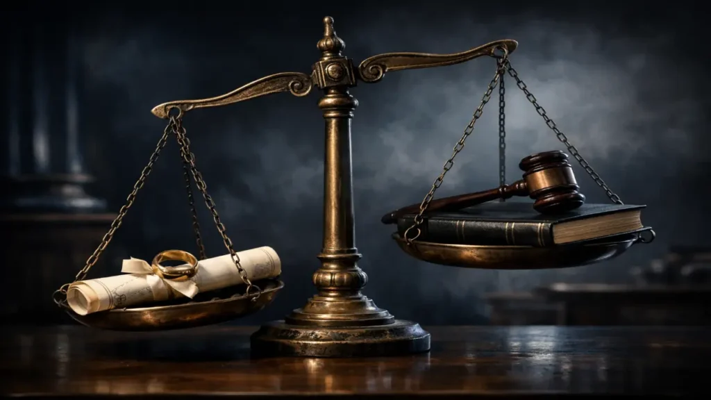 Tilted scales of justice in a dark courtroom, one side weighed down by a wedding ring and marriage certificate, the other holding a law book and gavel.

