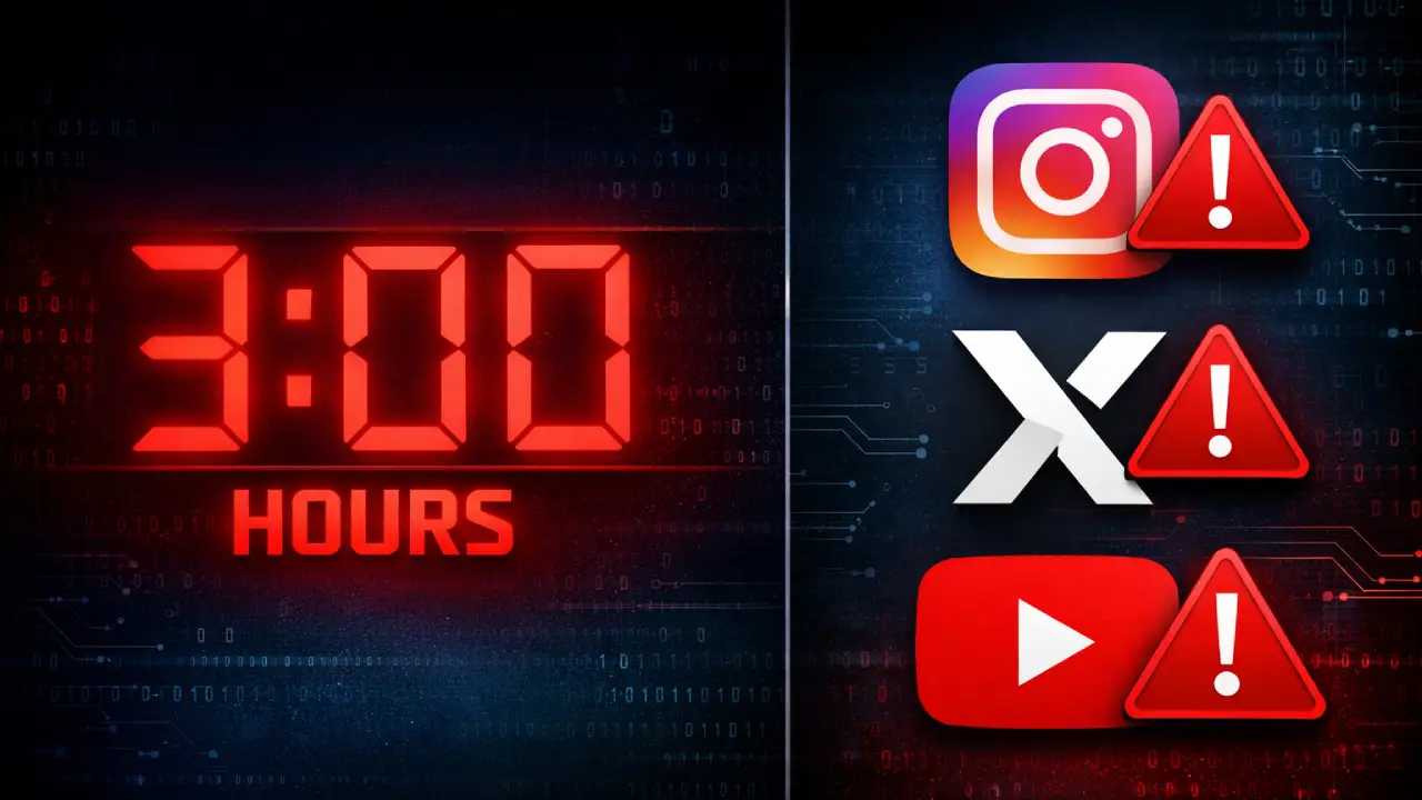 Split-screen graphic showing a red digital countdown timer reading “3:00 HOURS” on the left, and Instagram, X (Twitter), and YouTube logos on the right with red warning symbols overlaid, set against a dark tech-themed background.