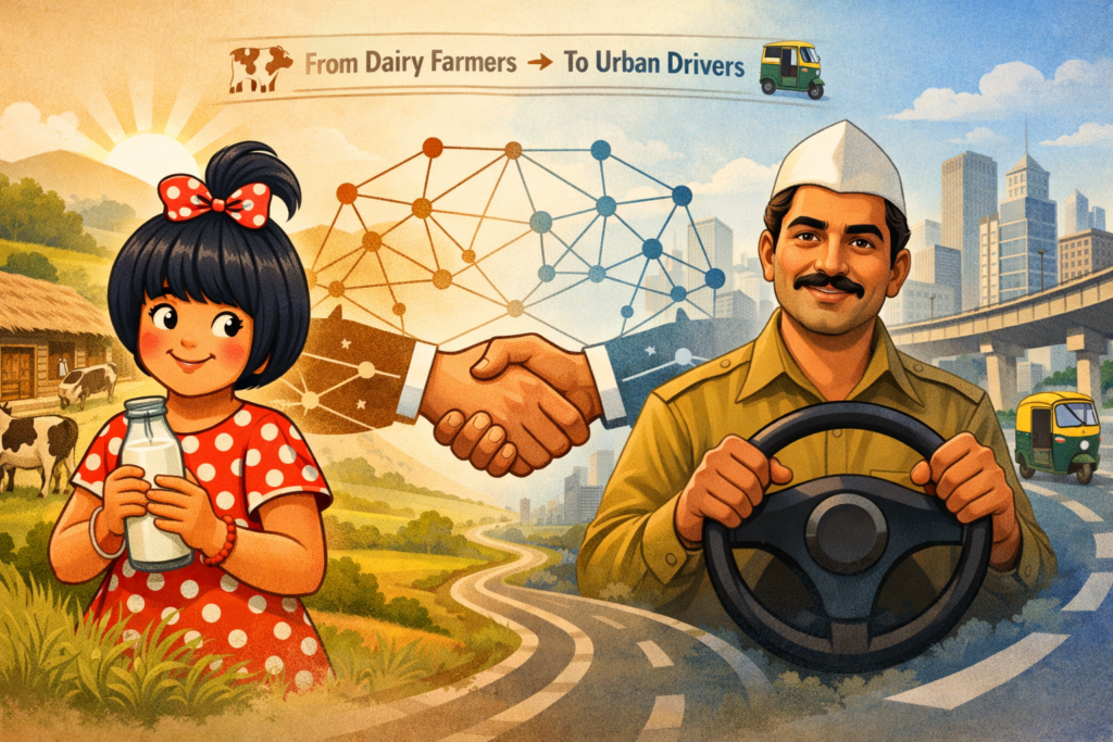 Conceptual illustration linking India’s cooperative movement—Amul’s dairy legacy on one side and an urban taxi driver on the other—connected by symbols of shared ownership and progress.