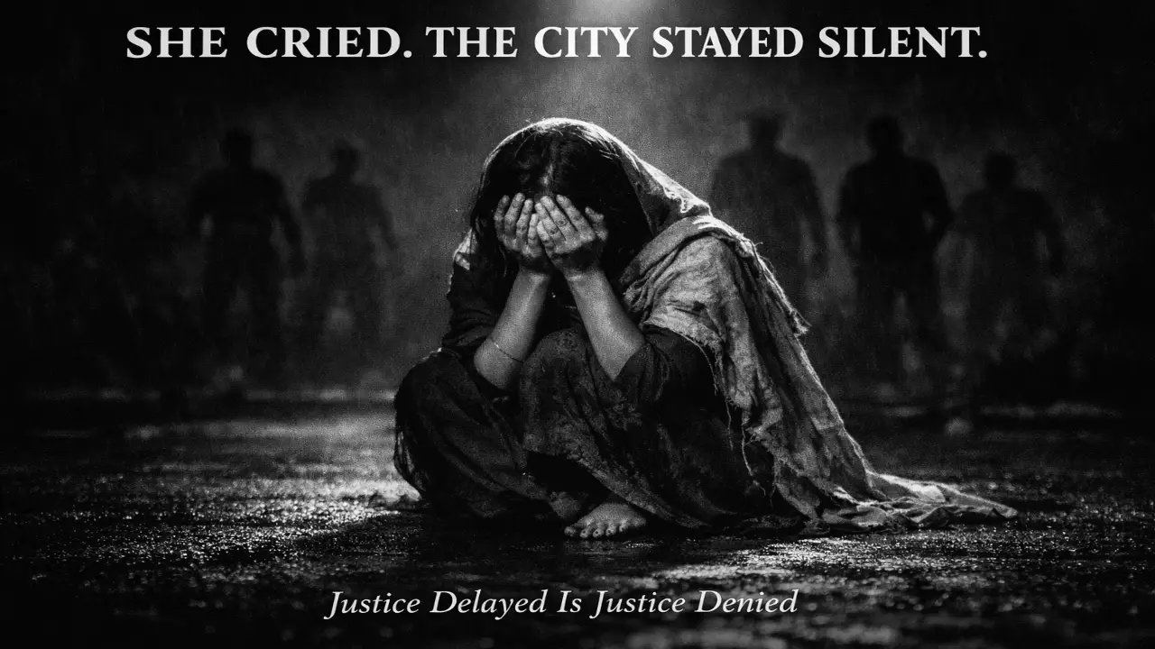 Black-and-white image of a distressed woman sitting alone on a dark road at night, face covered with her hands, shadowy male silhouettes blurred in the background, with the text “She Cried. The City Stayed Silent.”