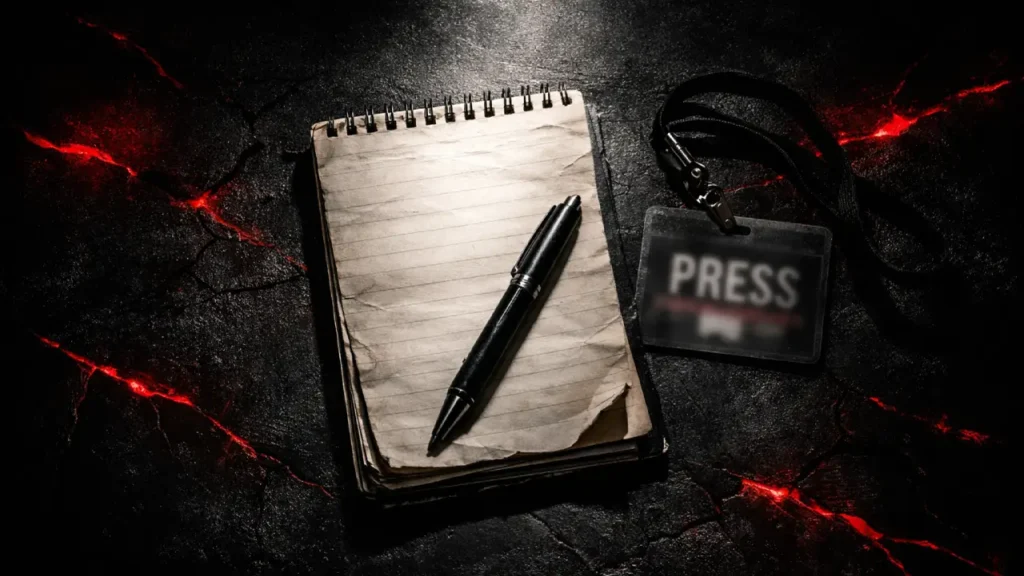 Dramatic flat-lay of a worn journalist’s notepad and black pen under a harsh spotlight, with a blurred press ID card and red cracks of light in a dark, tense background.
