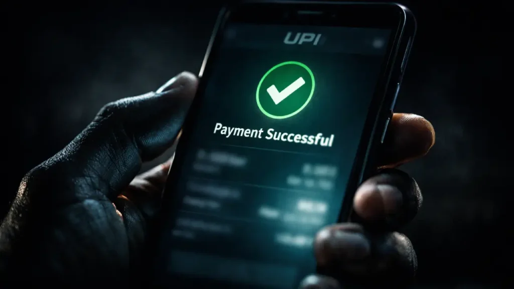 Close-up of a hand holding a smartphone showing a blurred UPI payment success screen, illuminated by dramatic side lighting against a dark background, conveying digital transaction tension.
