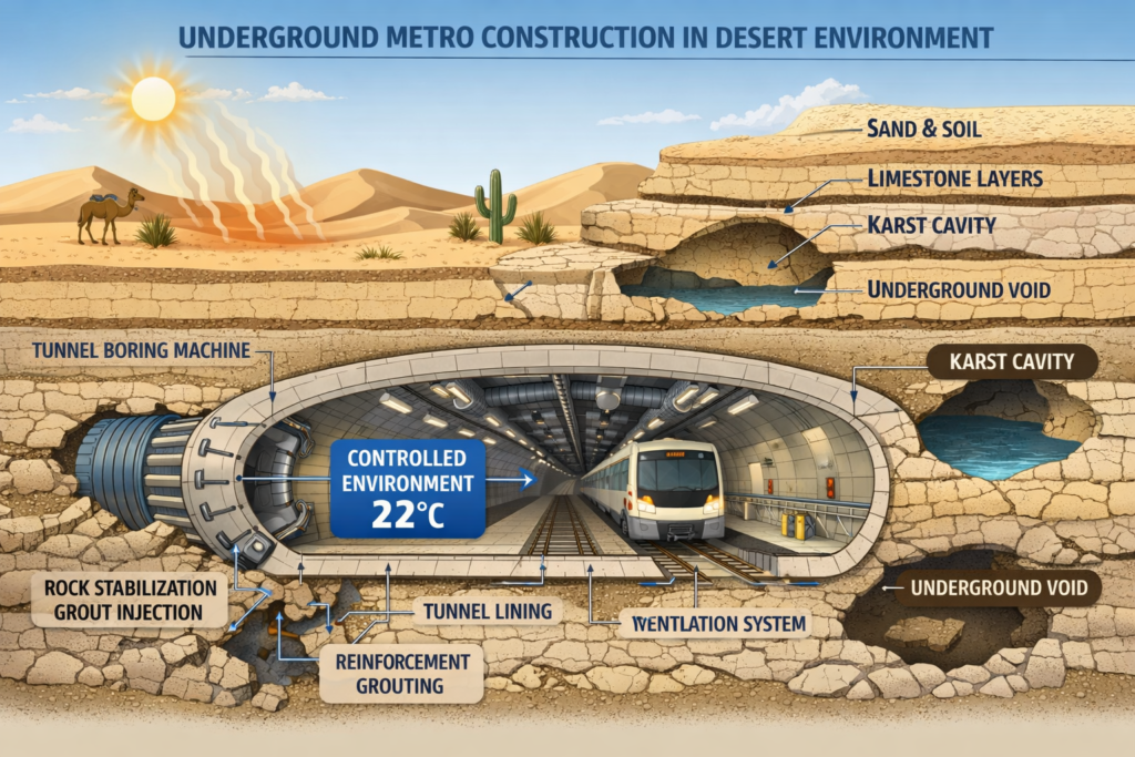 Alt text: Cross-section infographic of underground metro construction in a desert, showing limestone geology, karst cavities, tunnel systems, and temperature contrast between 55°C surface heat and a 22°C climate-controlled metro tunnel.
