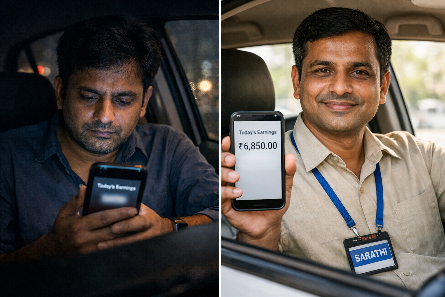 Split-screen image of an Indian ride-hailing driver checking low earnings at night contrasted with a cooperative taxi driver showing higher income in daylight.
