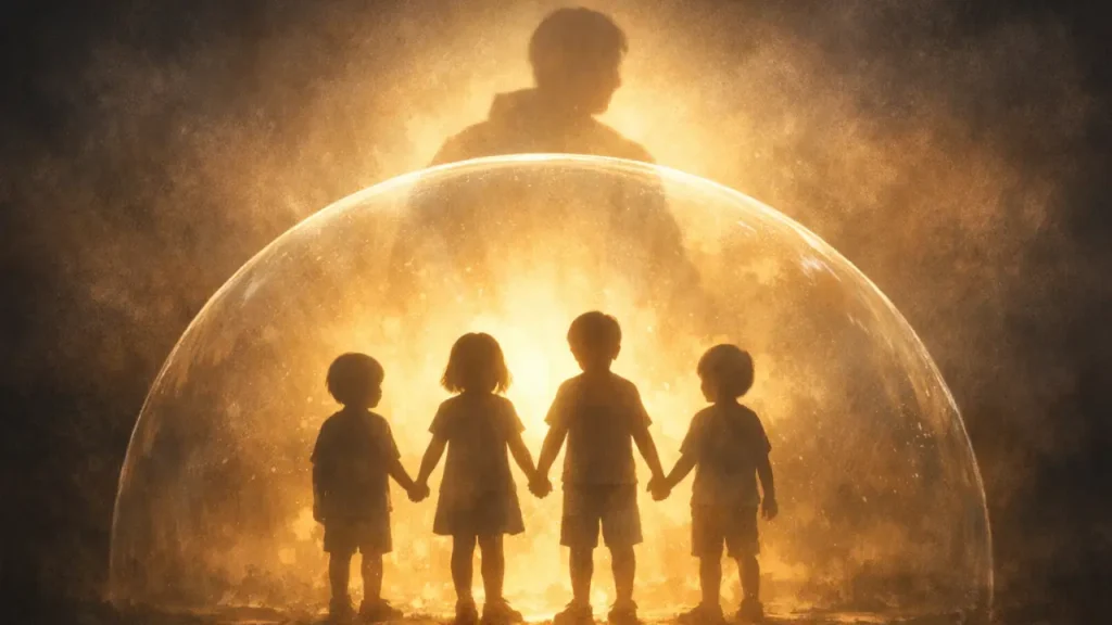 Gender-neutral silhouettes of four children stand hand in hand beneath a glowing, translucent shield, illuminated by warm golden light breaking through darkness, while a faint guardian figure watches protectively from behind—symbolizing safety, hope, and care.