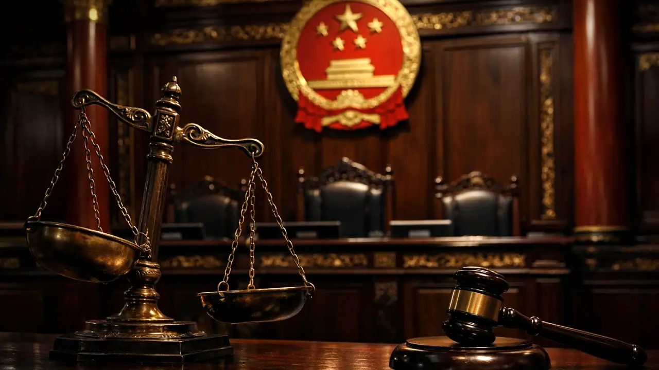 Tilted scales of justice and a judge’s gavel in the foreground of a traditional Chinese courtroom with red pillars, carved wood panels, and the national emblem above the bench.