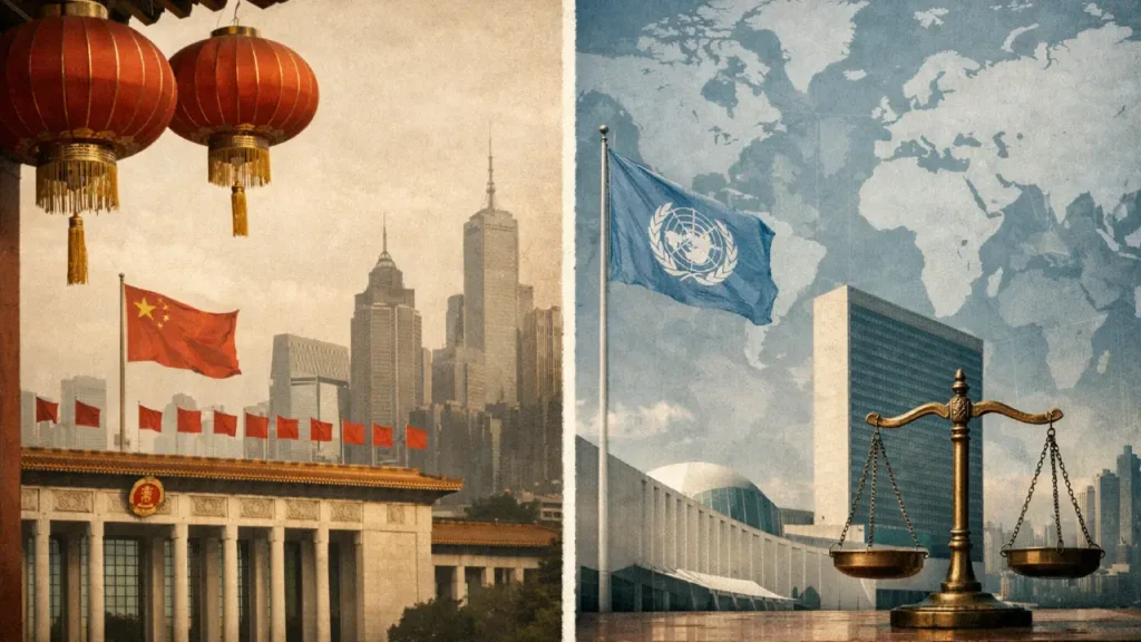 Split-screen diptych image divided vertically: the left side shows red lanterns, Chinese flags, and a grand government building against a warm-toned skyline, symbolizing domestic consensus; the right side features the United Nations headquarters, a world map backdrop, and scales of justice in cool blue tones, representing international human rights scrutiny and global oversight.