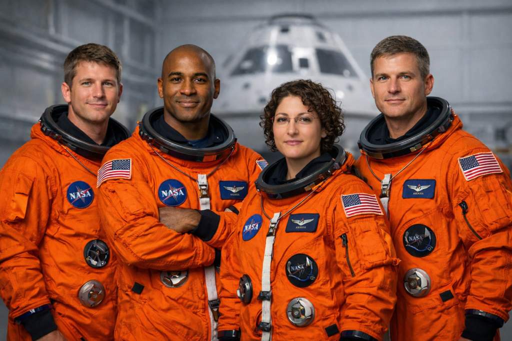“Artemis II astronaut crew in orange NASA flight suits standing together in a hangar, with the Orion spacecraft blurred in the background.”