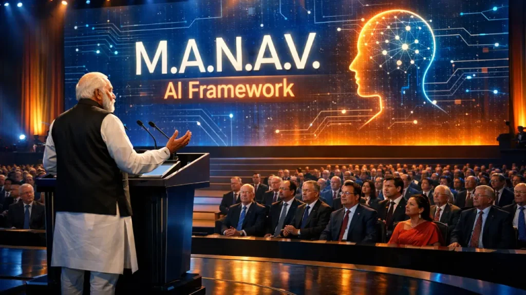 Indian Prime Minister delivering a keynote speech at a futuristic AI summit in New Delhi, with a large LED screen displaying “M.A.N.A.V. AI Framework” in blue and saffron lighting behind him.
