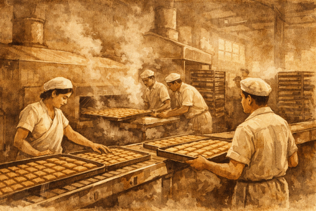 Vintage-style illustration of workers hand-checking biscuit trays inside a warm, steam-filled historic factory, evoking nostalgia and human craftsmanship.
