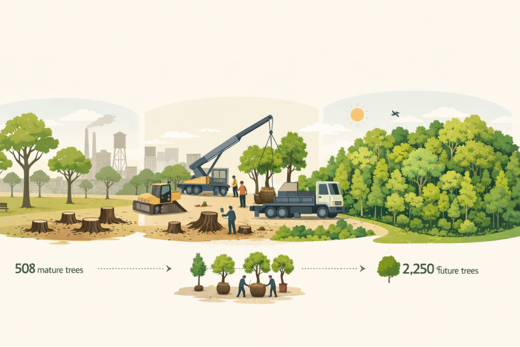 Left-to-right infographic showing urban tree change: sparse industrial-era trees, selective removal and transplantation in progress, and a dense future Miyawaki mini-forest with vibrant greenery.