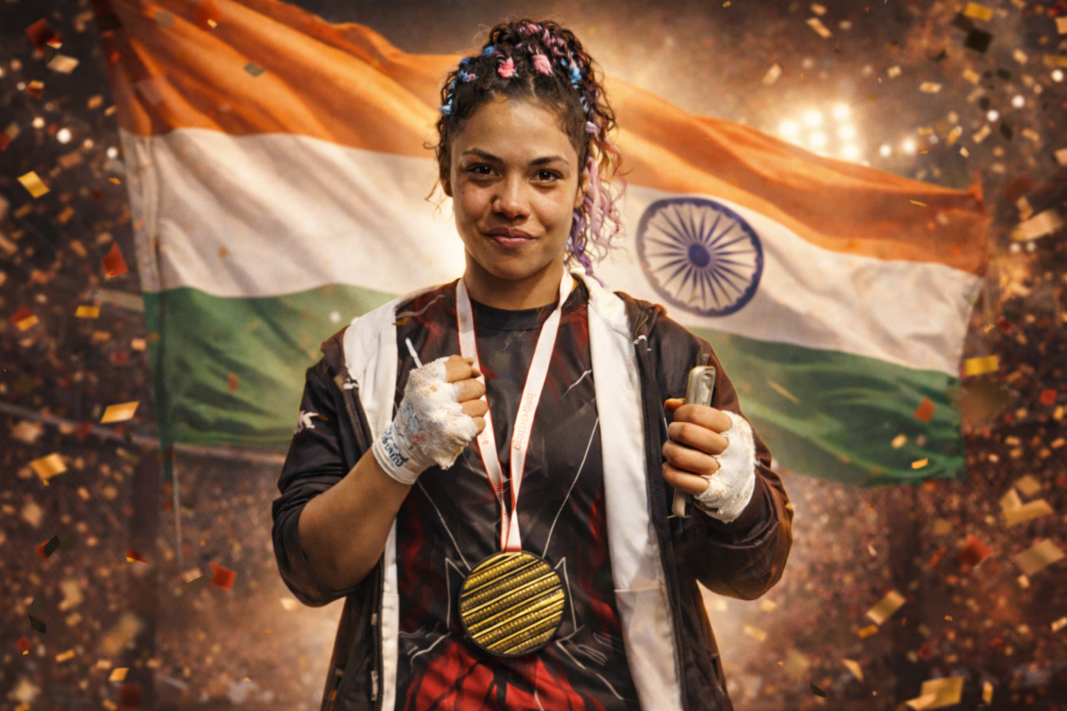 Indian MMA fighter stands confidently with a gold medal, fists raised, against a stadium backdrop with the Indian flag waving behind her.