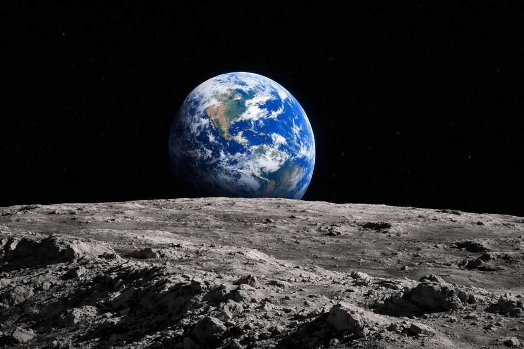 Earth rising above the Moon’s gray, cratered horizon, glowing blue and white against the blackness of space.
