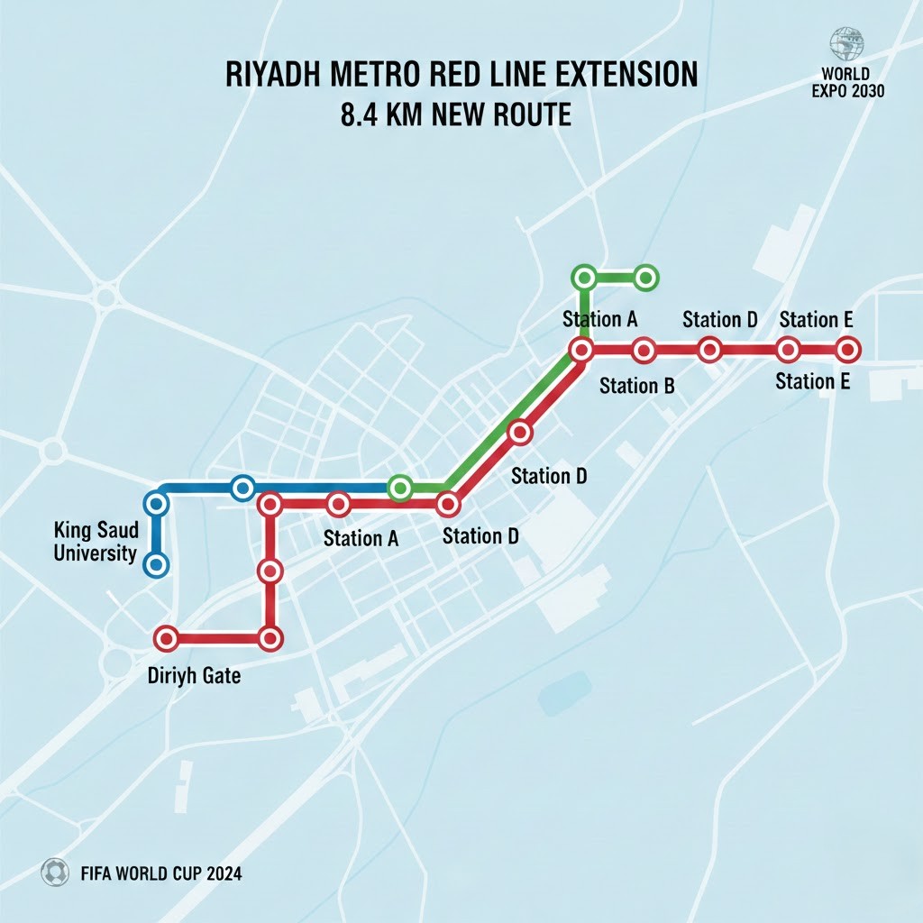 The map features a minimalist, light blue city layout with the 8.4 km new route highlighted. Key landmarks like King Saud University and Diriyah Gate are labeled alongside five new metro stations. The graphic shows the extension’s seamless integration with existing lines and includes subtle icons for World Expo 2030 and the FIFA World Cup.