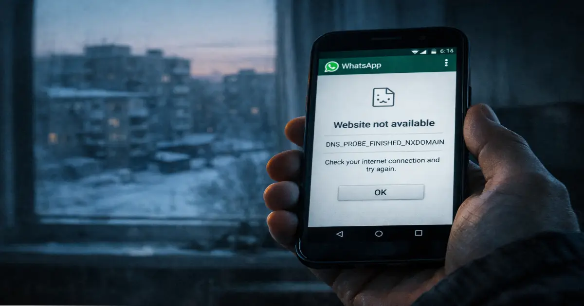 Close-up of a hand holding a smartphone displaying a “DNS_PROBE_FINISHED_NXDOMAIN” error on WhatsApp, with a snowy Russian cityscape blurred in the background at dawn.