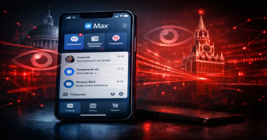 Smartphone displaying the VK Max super-app interface with messaging and government service icons, overlaid by red digital surveillance streams and translucent eye symbols connecting to government buildings in the background.