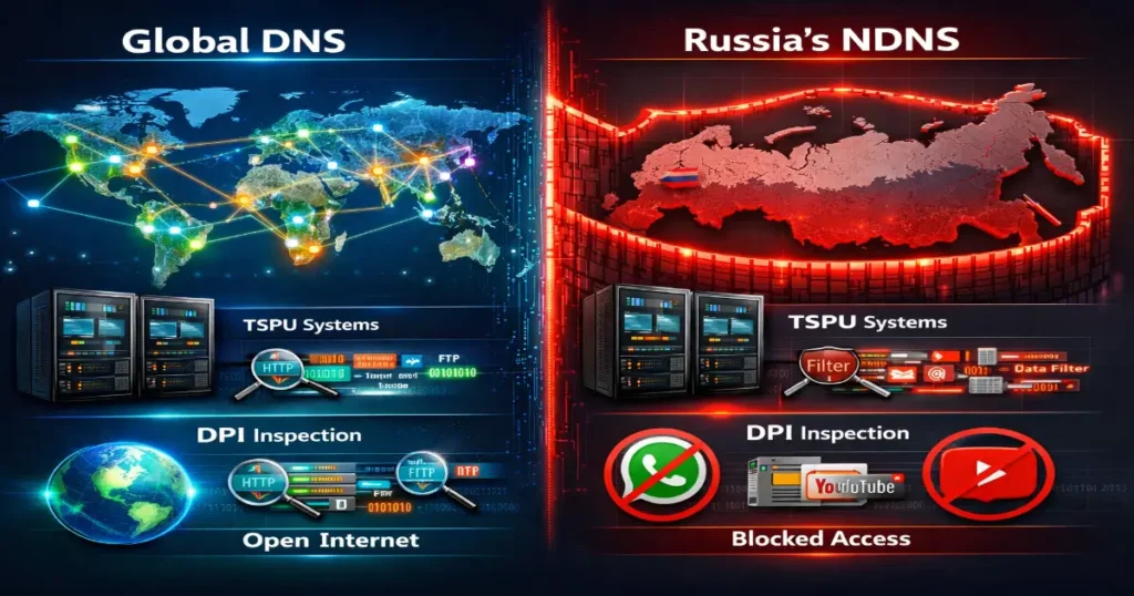 Split-screen infographic comparing Global DNS and Russia’s NDNS: the left side shows a world map with interconnected network nodes symbolizing open internet access, while the right side shows an isolated Russian network behind a digital barrier with DPI monitoring systems and blocked icons for WhatsApp and YouTube.
