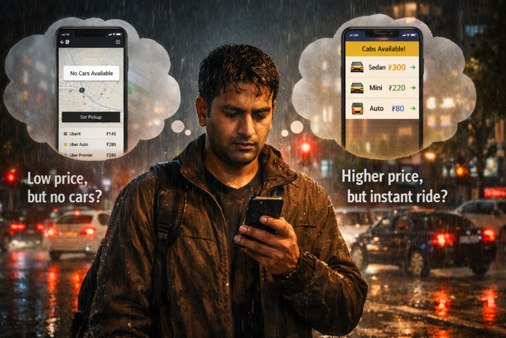 An urban Indian commuter in the rain at night checks a ride-hailing app on his phone, weighing a low-cost option with no cars available against a higher-priced instant ride.