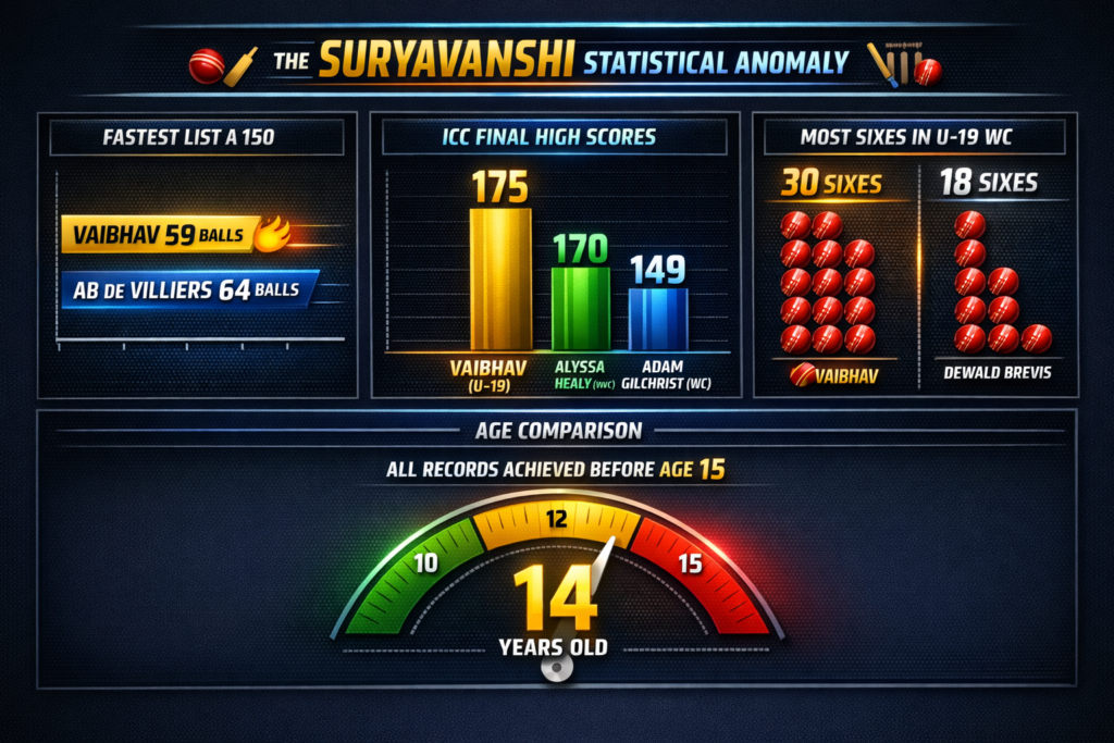 Modern sports analytics dashboard comparing Vaibhav Suryavanshi’s records with cricket legends, featuring fastest List A 150, ICC final high scores, U-19 World Cup sixes, and age-based achievement visuals on a dark, broadcast-style layout.