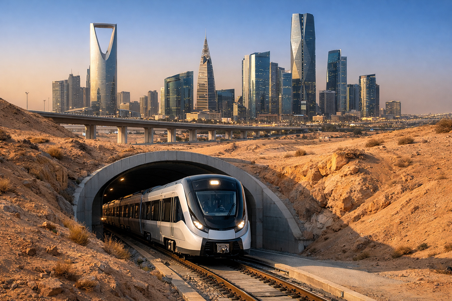 A futuristic Riyadh Metro train emerging from an underground tunnel in the desert, with the modern Riyadh skyline rising in the background under a golden-blue sky.