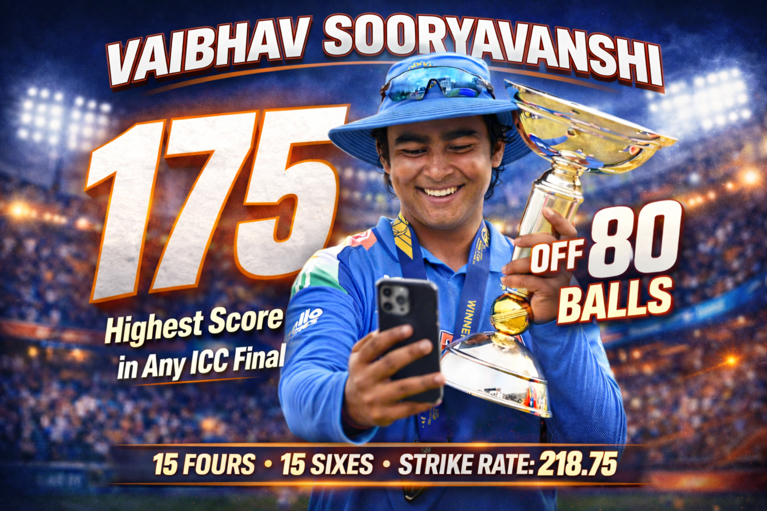 Cricketer Vaibhav Sooryavanshi smiling with trophy after scoring 175 off 80 balls, highest score in an ICC final, inside a packed stadium.