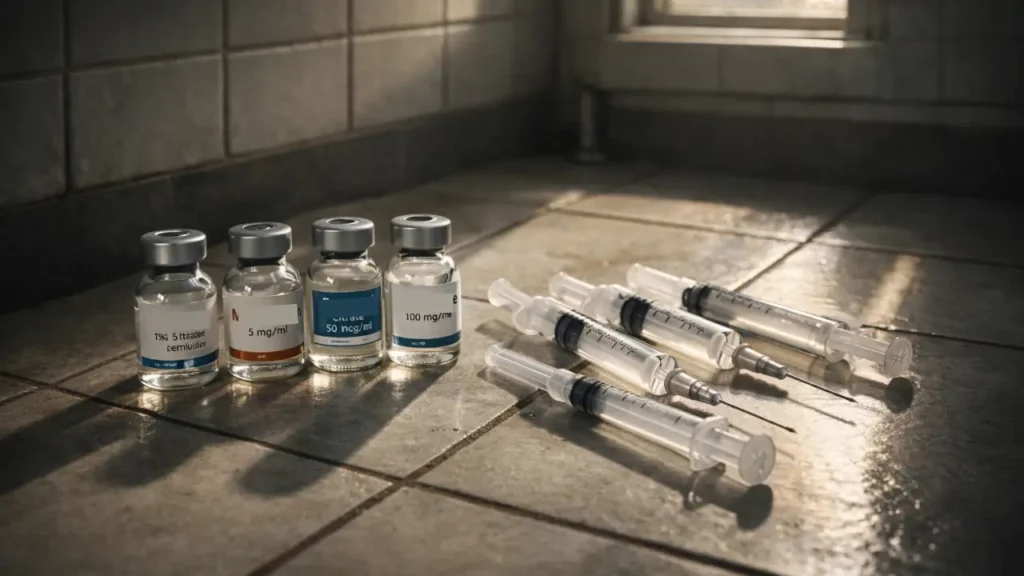 Medical syringes and drug vials placed on a tiled floor