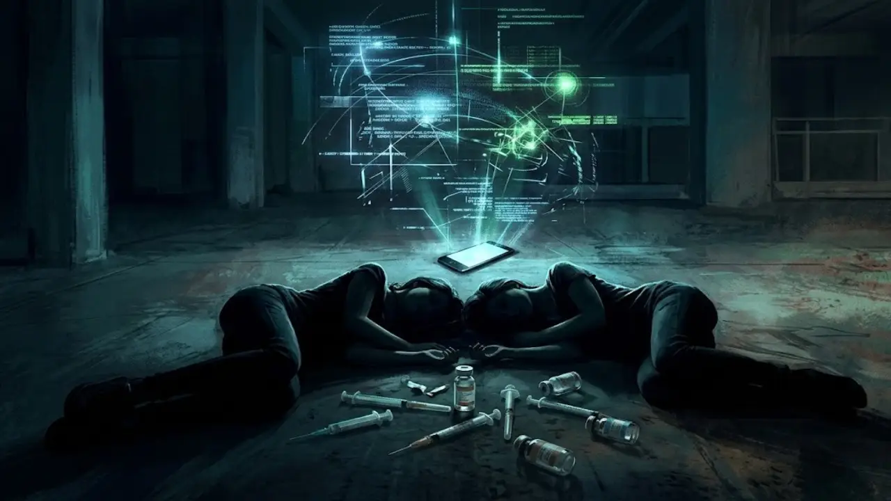 A dark conceptual digital illustration showing the silhouettes of two young women lying on the floor, surrounded by scattered medical syringes and vials, with a glowing digital AI hologram and data streams emerging from a smartphone between them.