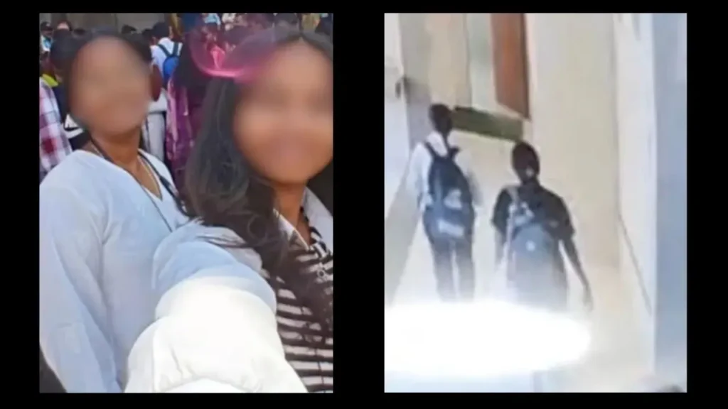 Blurred images of two girls in a selfie and CCTV footage walking in a corridor.
