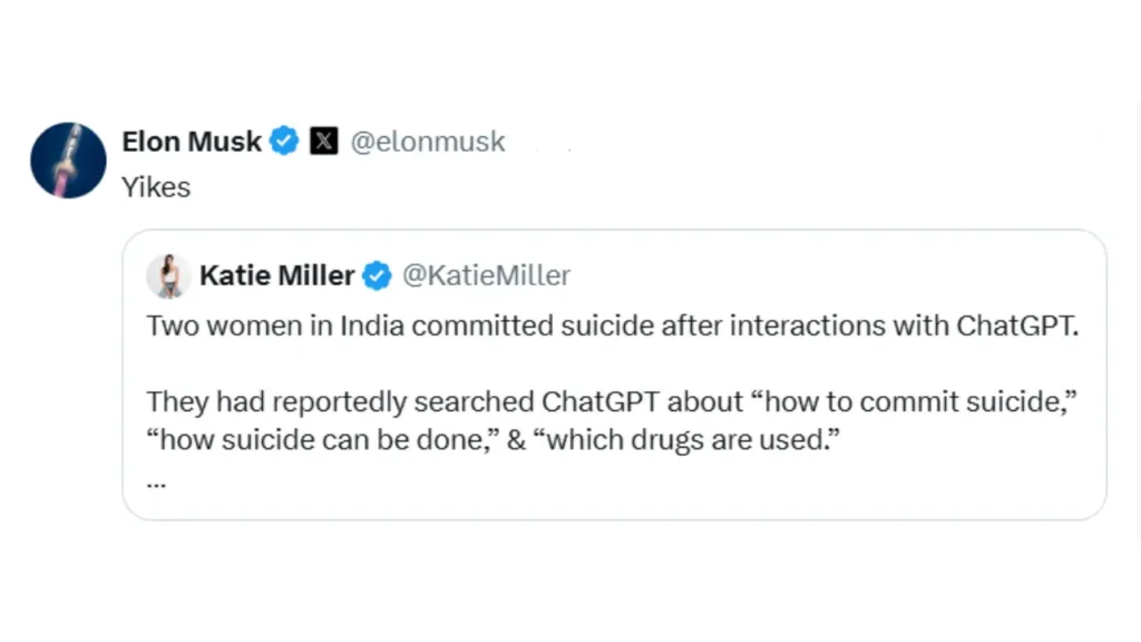 Screenshot of a tweet discussing claims about ChatGPT and suicides in India.