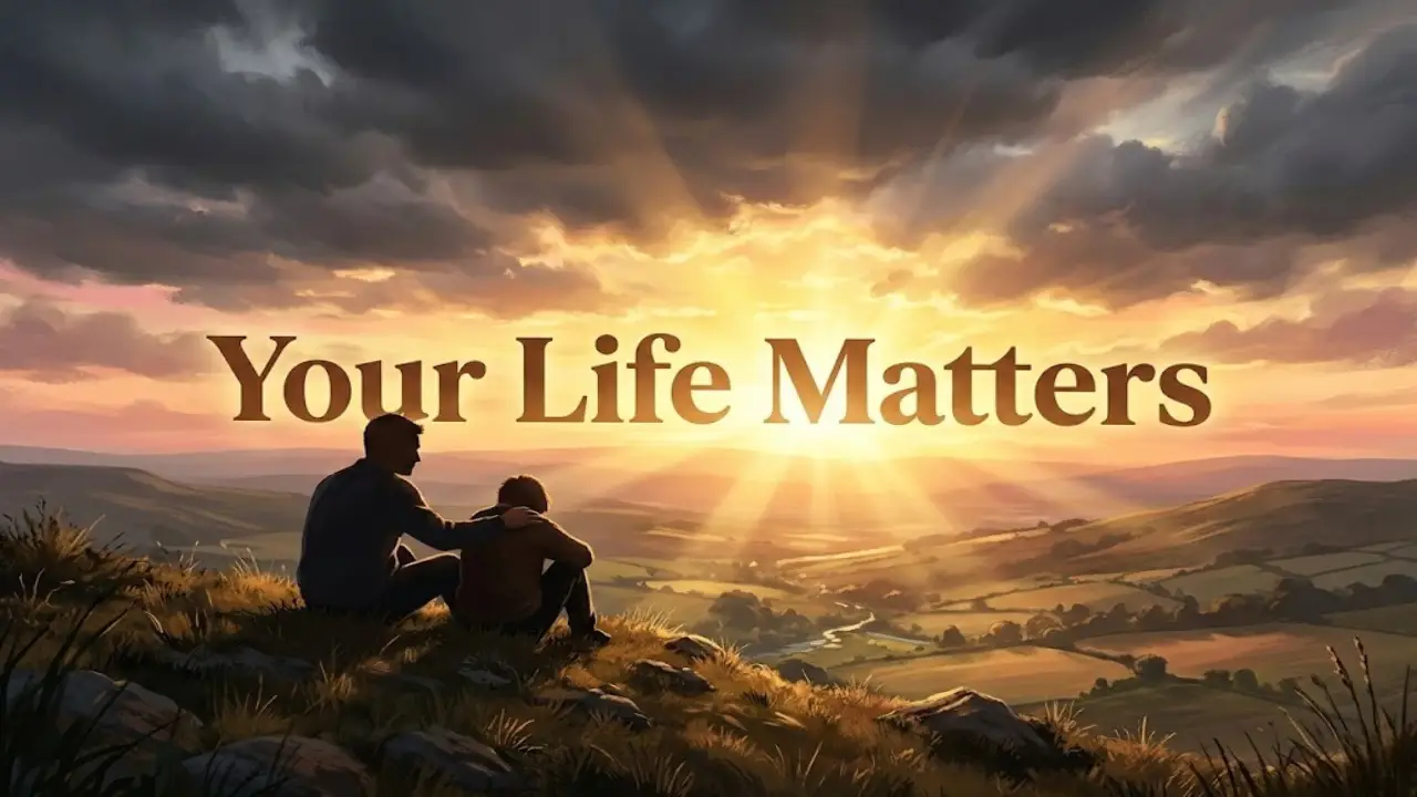 An inspiring digital illustration of two silhouetted figures sitting on a grassy hilltop at sunrise.