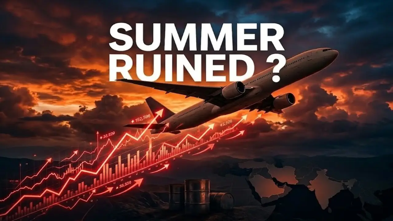 Commercial airplane taking off over oil barrels and a map of the Middle East, surrounded by glowing red upward-trending financial graphs and the text "SUMMER RUINED?".