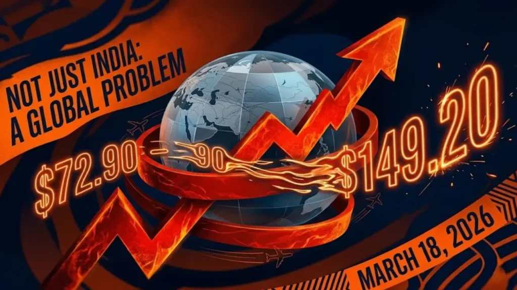 Graphic showing a 3D globe and a red upward arrow, highlighting a global fuel surcharge jump from $72.90 to $149.20.