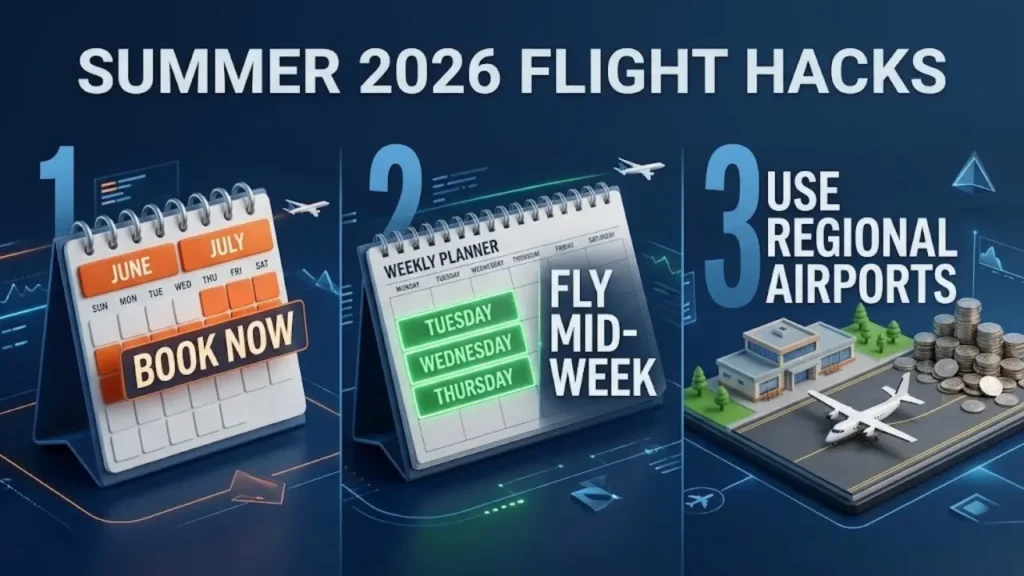 3D infographic displaying summer 2026 flight hacks, including booking in June or July, flying mid-week, and using regional airports.
