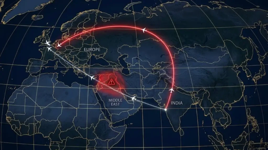 Global map illustrating a flight path from India to Europe taking a long detour to avoid a red danger zone in the Middle East.