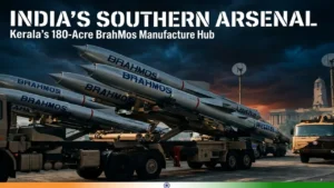 A row of BrahMos supersonic cruise missiles mounted on military launch vehicles under a dramatic, dark stormy sky with a subtle orange horizon glow and a headline overlay reading "India's Southern Arsenal."